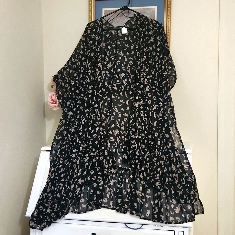 Leopard print long line kimono Ruffle Hem Modest Elegant Sophisticated Party XL - Picture 2 of 13